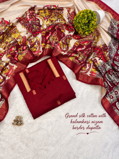 Mangalagiri Butta Silk cotton Top with Chennuri Silk Kalamkari Dupatta kurti sets