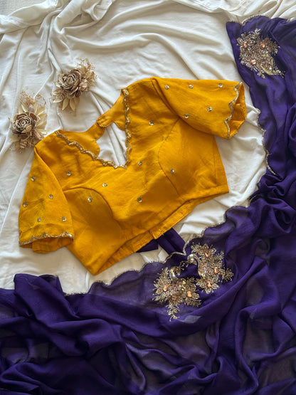 Rangoli purple yellow crush saree with stitched blouse