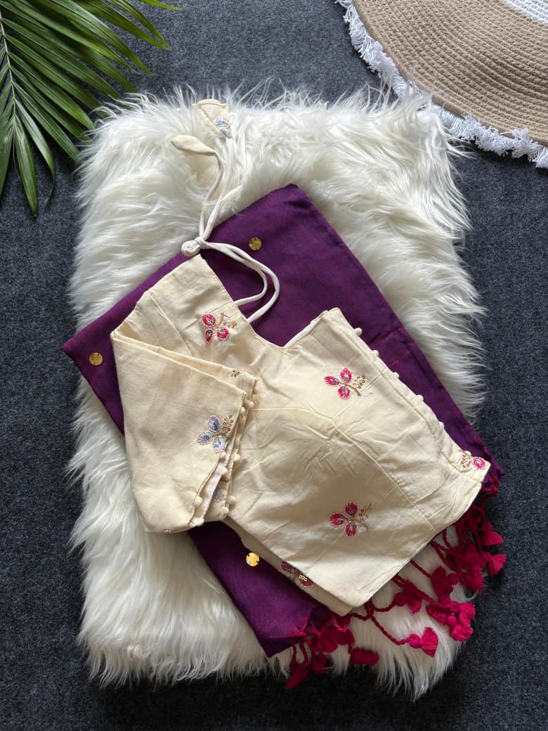 Khadi Cotton  saree with fully stitched Embroidery Blouse