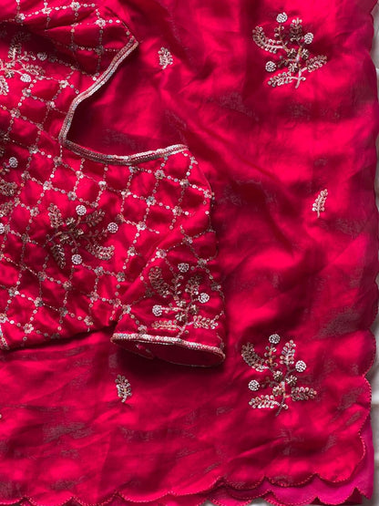 Soft silk with beads flower work saree with stitched blouse