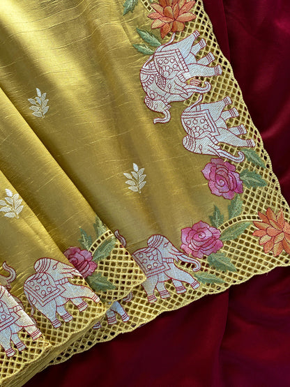 Tussar embroidered hole work premium traditional saree