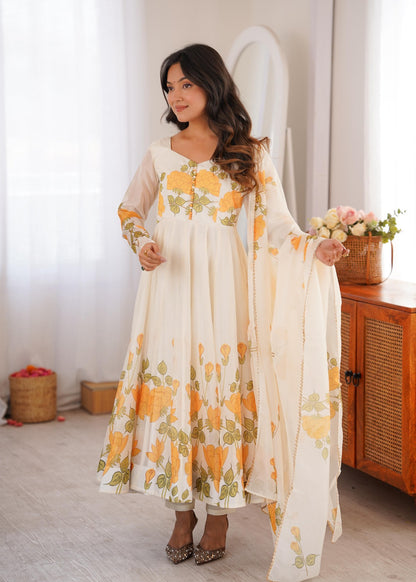 Classic Yellow Floral Printed Organza Anarkali sets