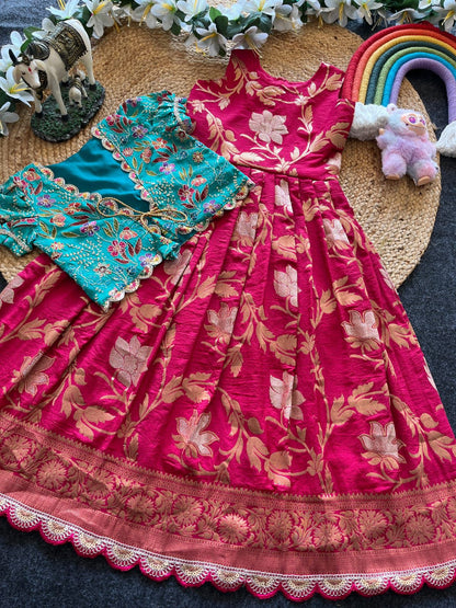 Khadi Georgette 2 in One Gown with Coat sets Kids Gowns