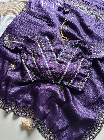 New gold crush saree with stitched blouse