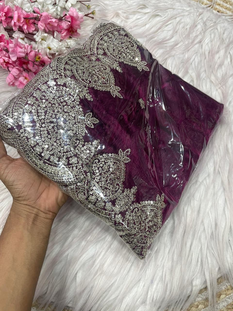 Fendi chiffon  budget saree with sequence work