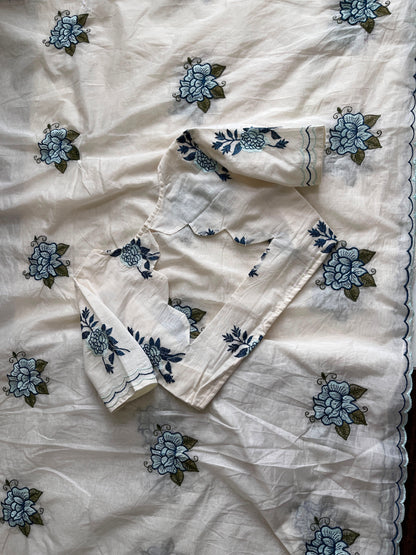 Mul Mul Cotton Saree with embroidery with stitched blouse