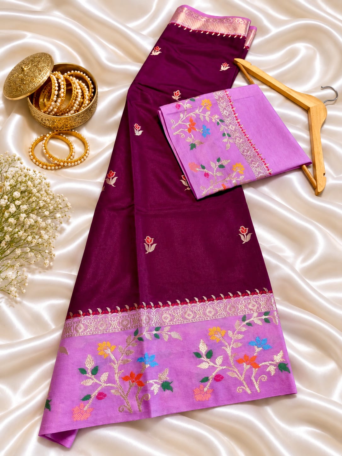 Budget Banarasi Katan Silk Saree with Contrast Alfi Border