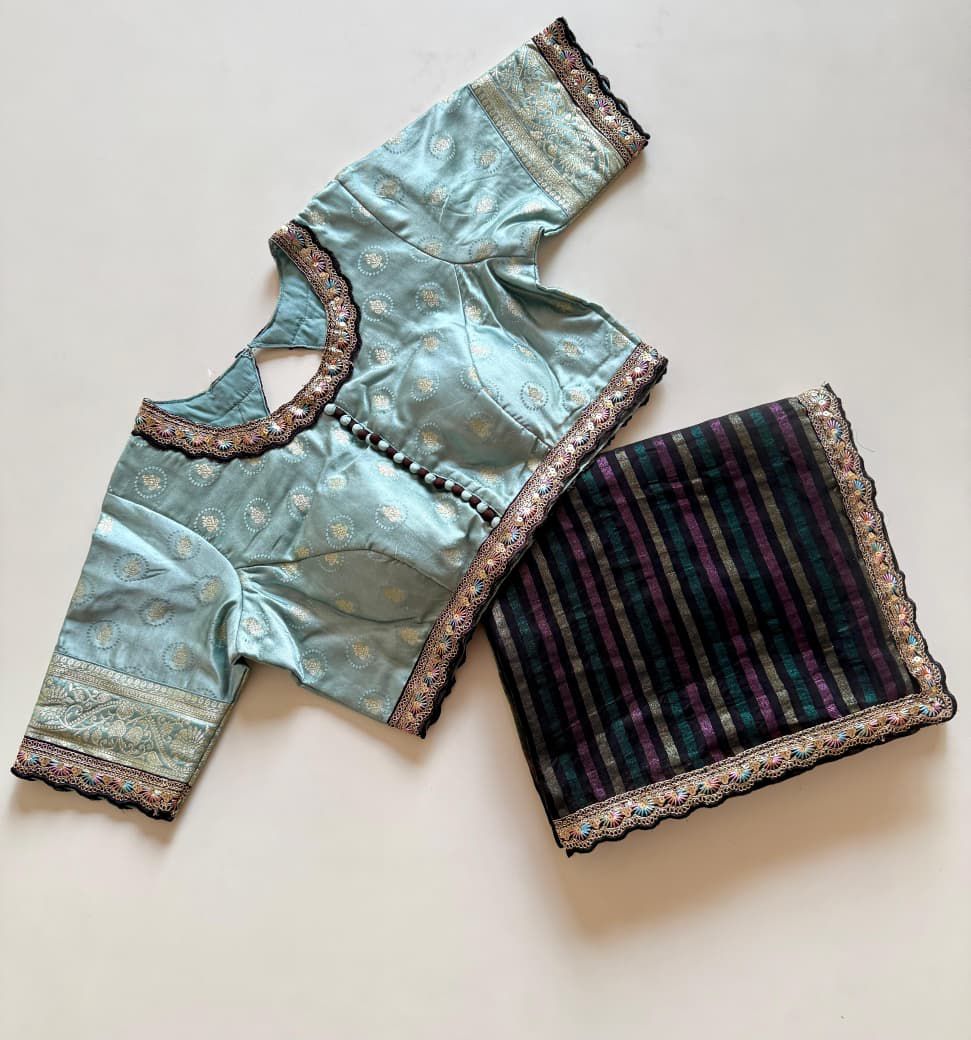 Hand Dyeing shade Satin silk saree with stitched blouse