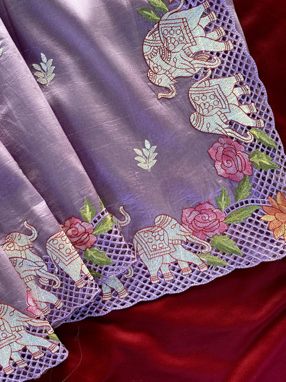 Tussar embroidered hole work premium traditional saree