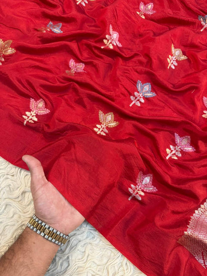 Semi pattu traditional gold zari red minakari  saree