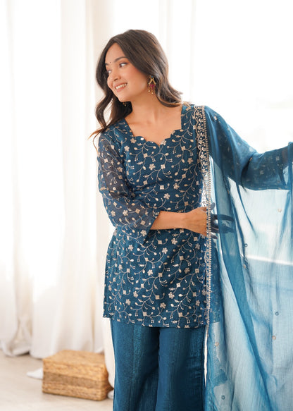 Crunchy Silk Fabric With Embroidery Sequence kurti sets model