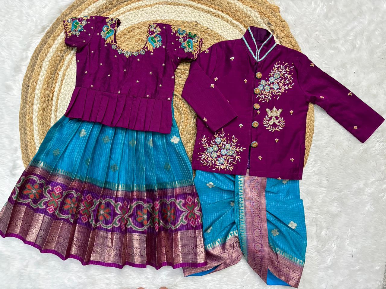 Banaras Silk Kids Wear with Maggam Handwork with boys dhoti with kurta sets