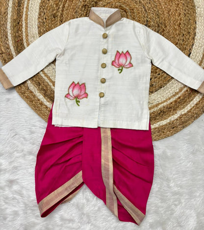 Lotus Motif Kurta Dhoti Set for Boys