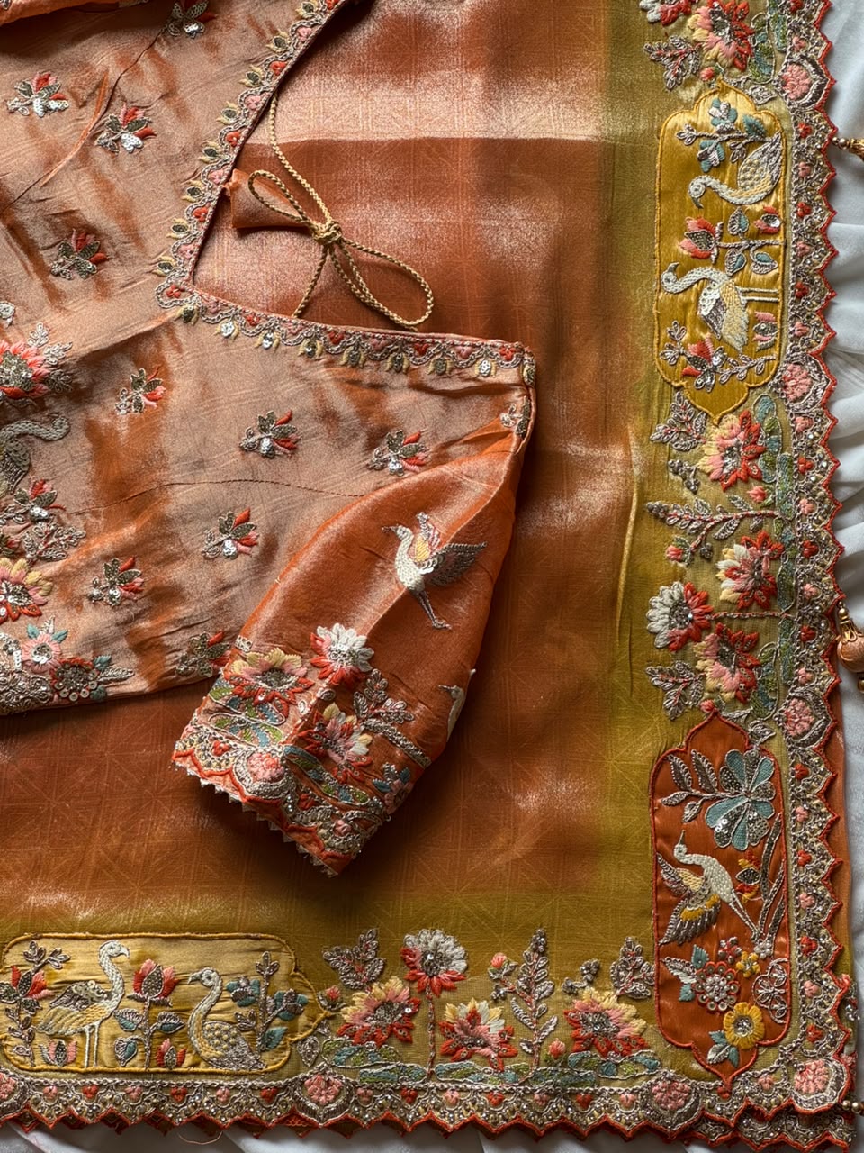 Luxe Dola silk coding work geruva saree with stitched blouse