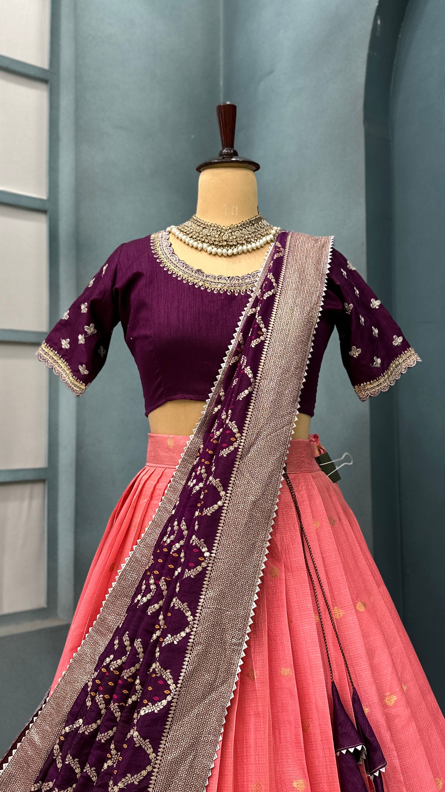 Kota checks peach  colour Meenakari lehenga