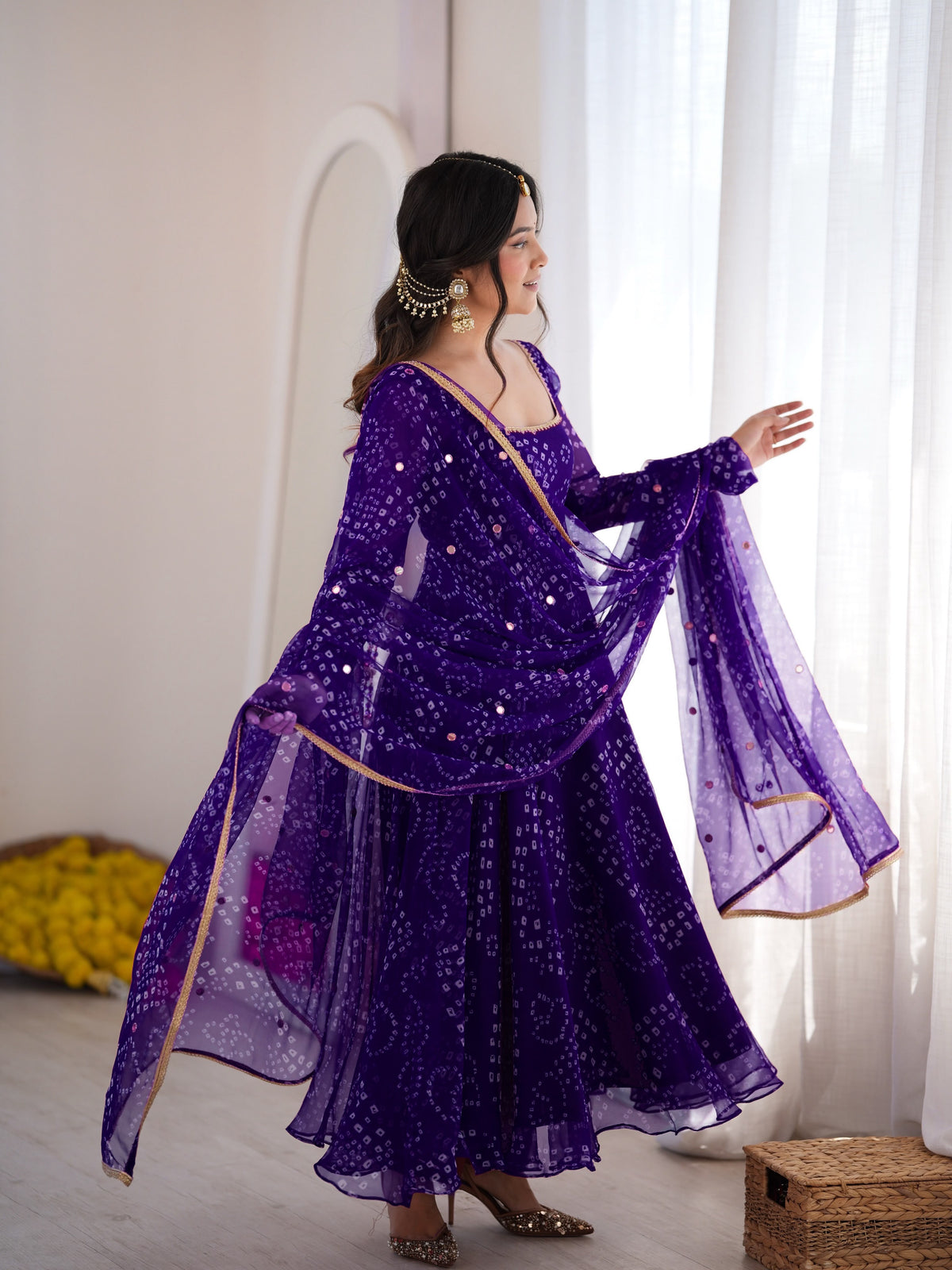 Bandhini style digital printed 3 piece Anarakali sets