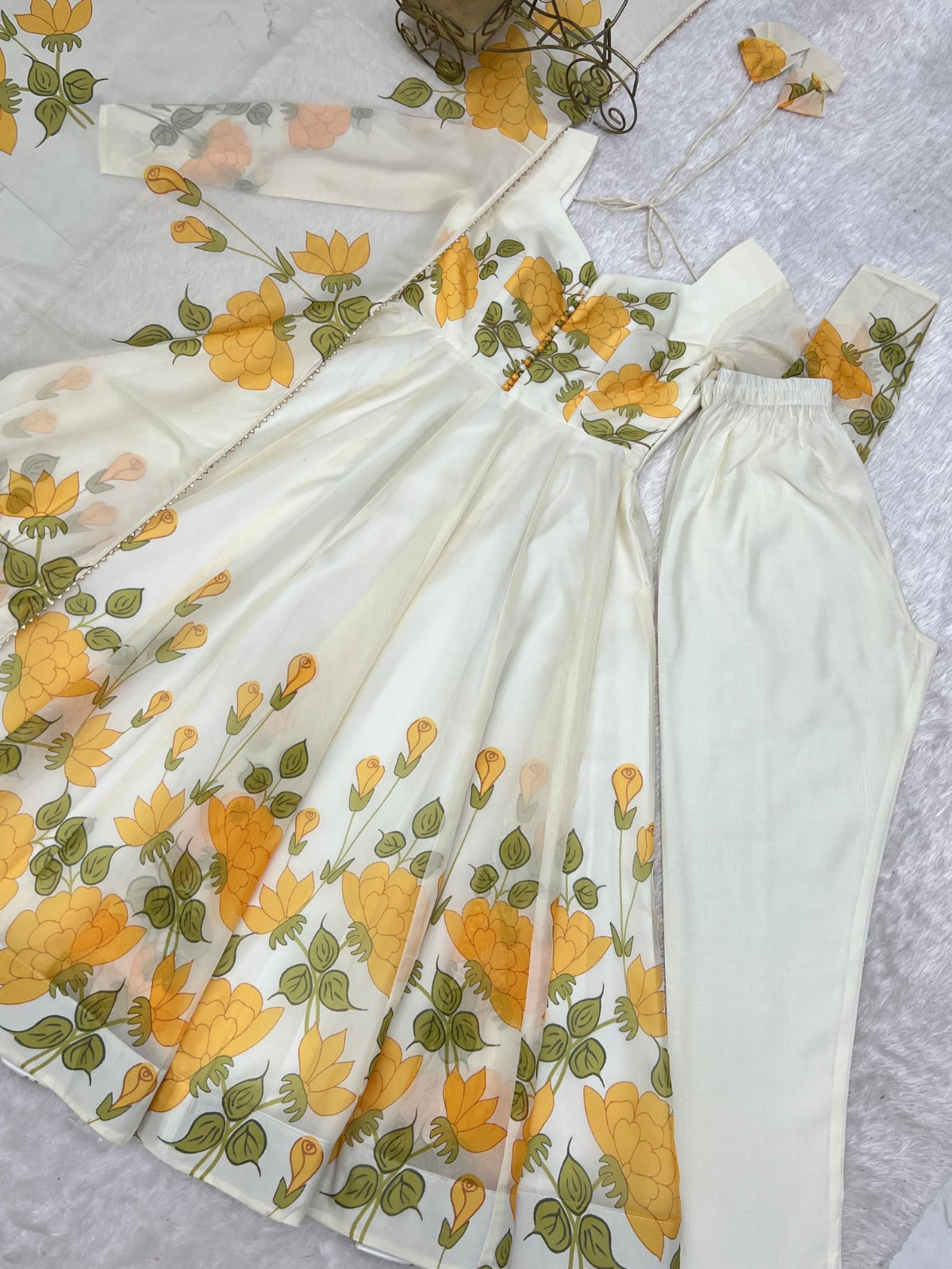 Classic Yellow Floral Printed Organza Anarkali sets