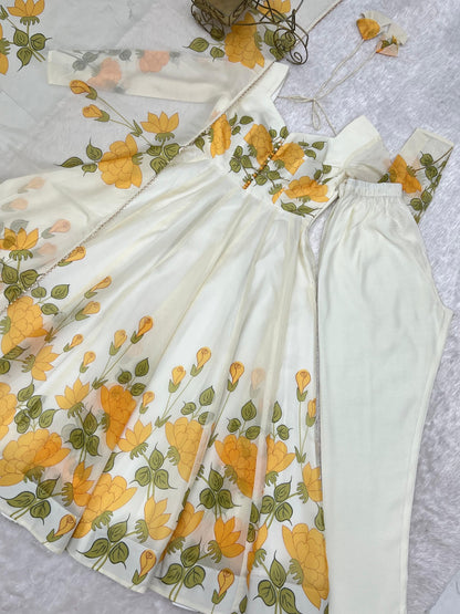 Classic Yellow Floral Printed Organza Anarkali sets