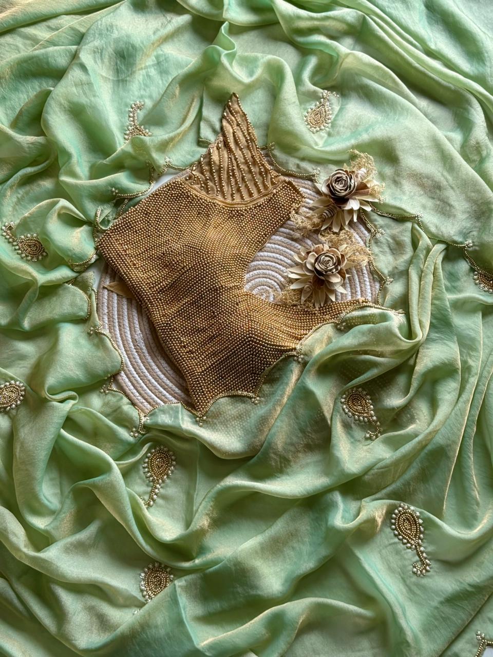 Space Georgette saeee with gold pearl work blouse