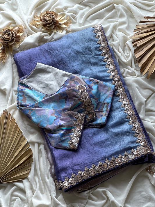 Avatar Blue space silk saree with coding stitched blouse