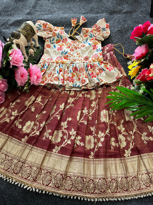 “Elegant Kids Tissue Silk Lehenga with Handwork Detailing”