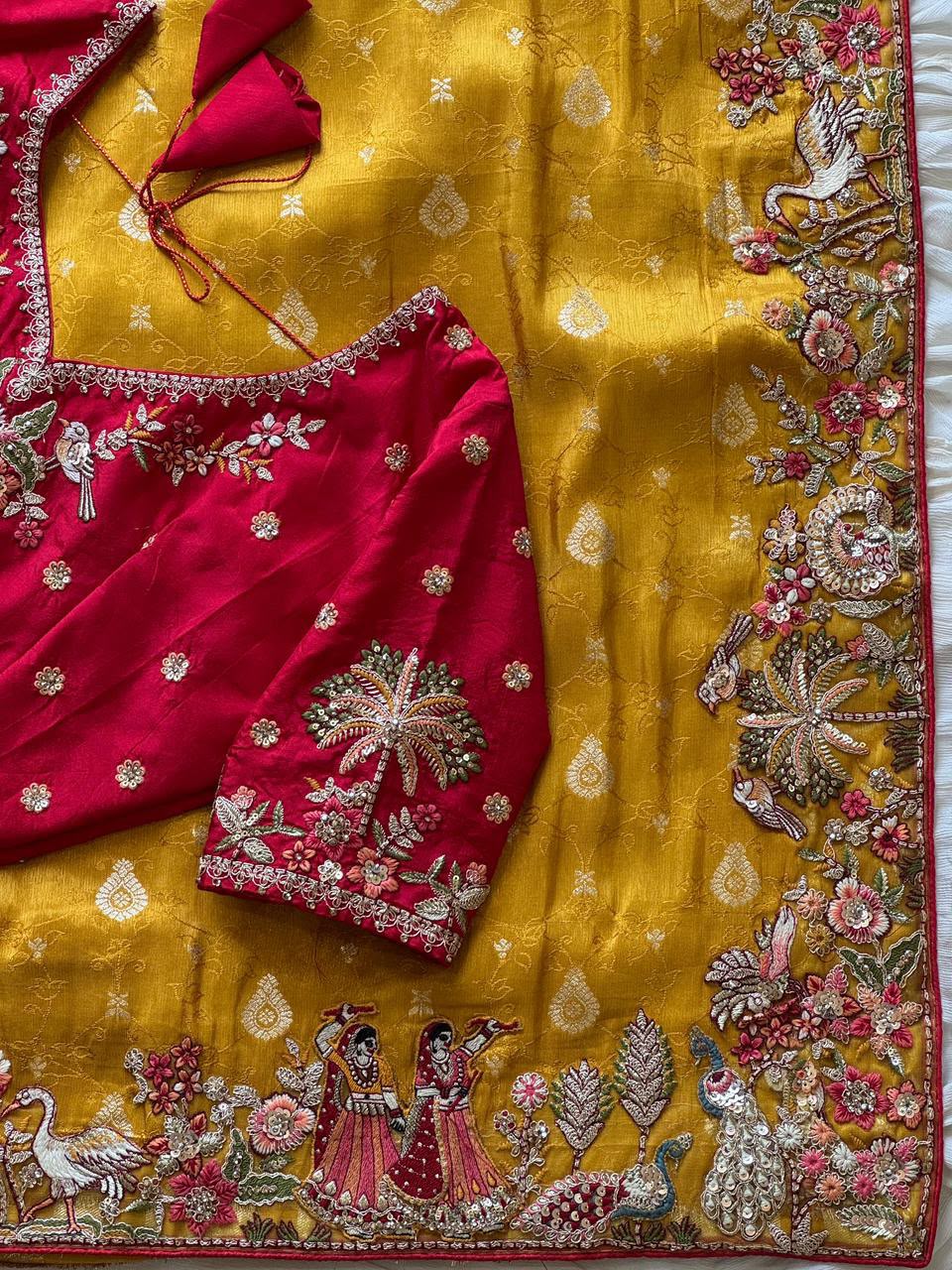 Luxe Dola Silk coding  work Multi
Saree with stitched blouse