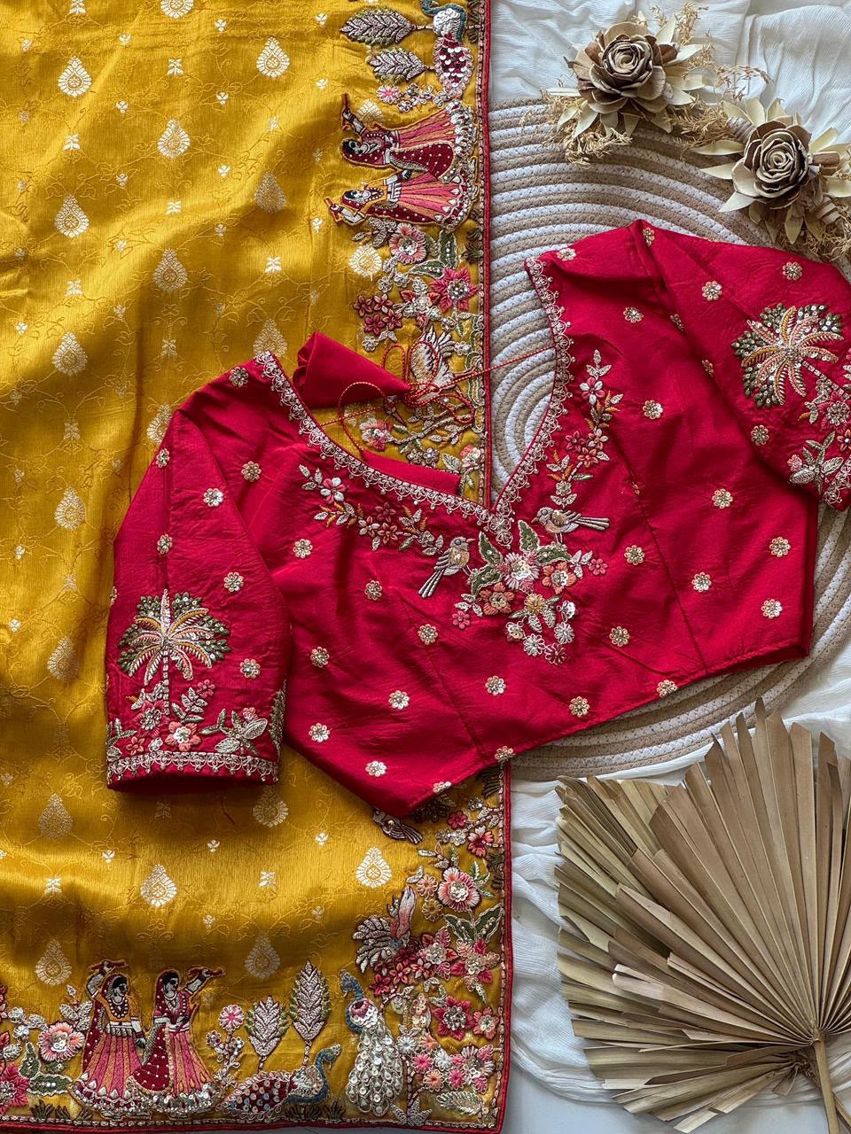 Luxe Dola Silk coding  work Multi
Saree with stitched blouse