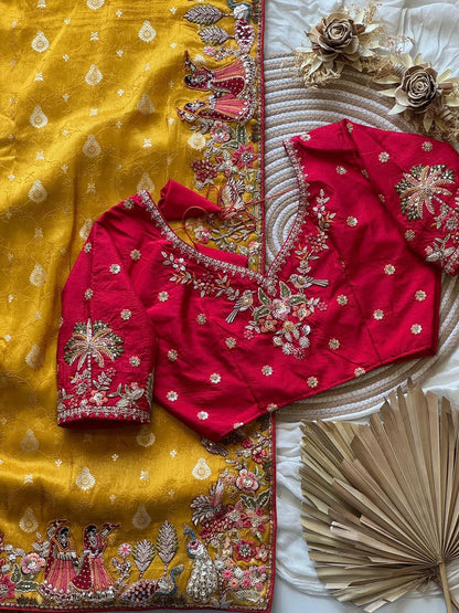 Luxe Dola Silk coding  work Multi
Saree with stitched blouse