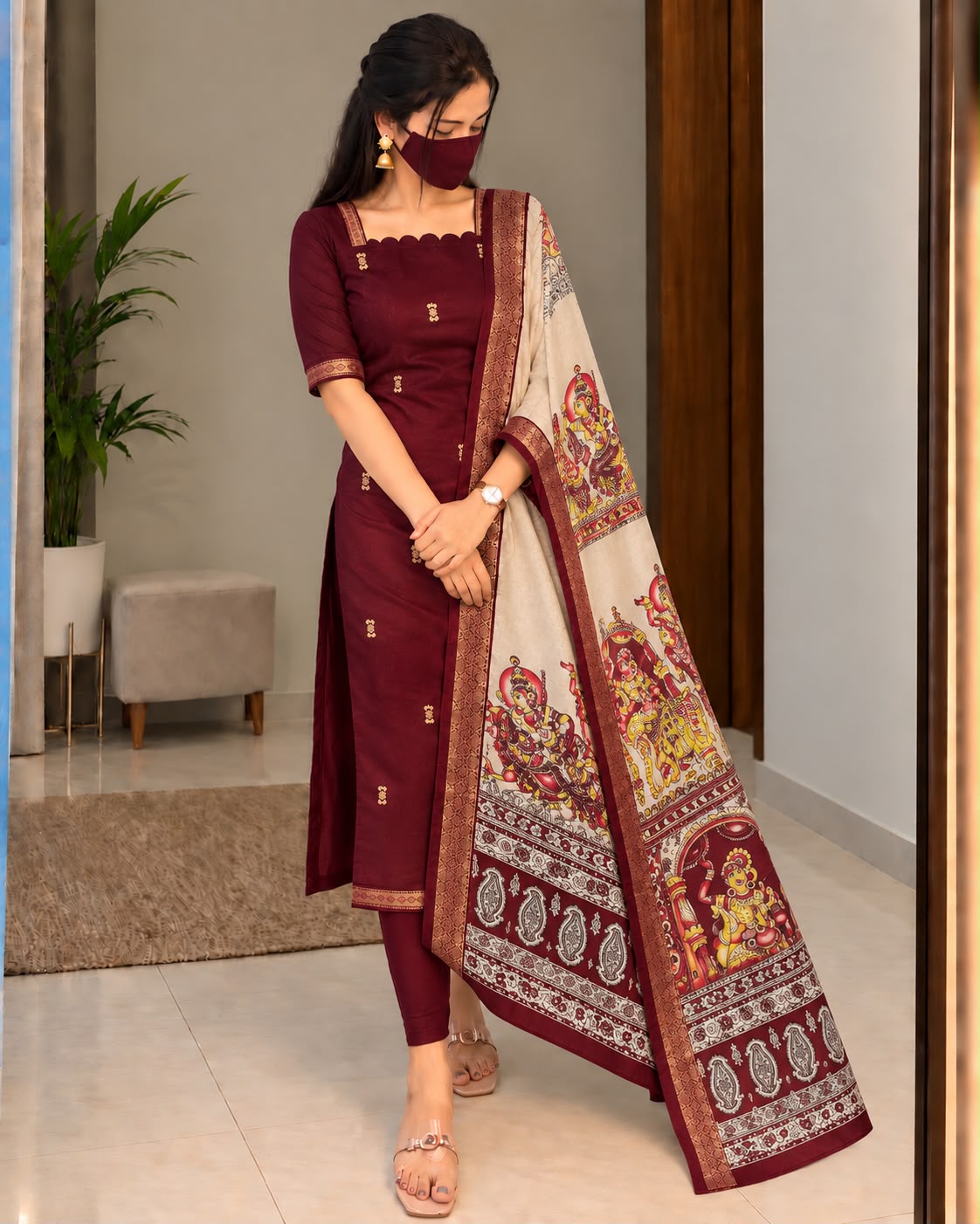 Mangalagiri Butta Silk cotton Top with Chennuri Silk Kalamkari Dupatta kurti sets