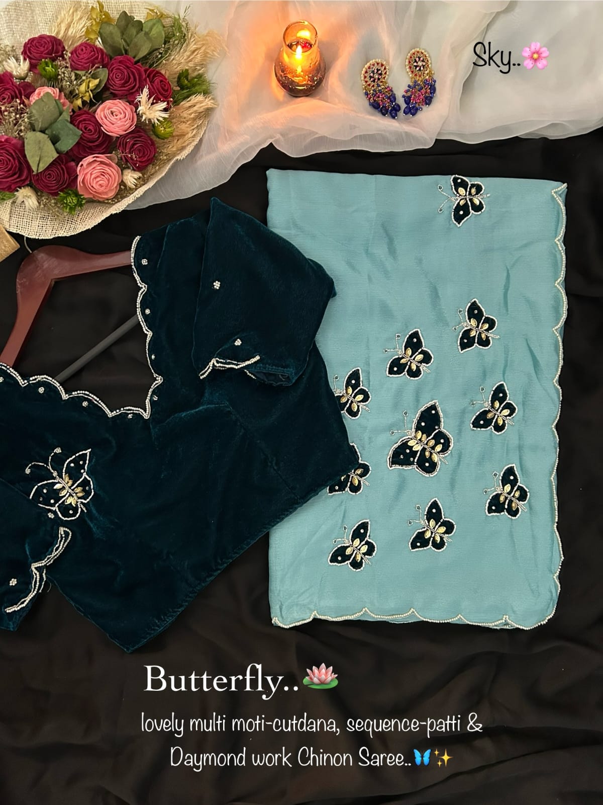 Butterfly Multi Moti Cutdana Butties trendy saree with stitched blouse