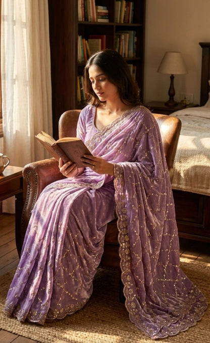Luxe grand party beeds work velvet shine saree