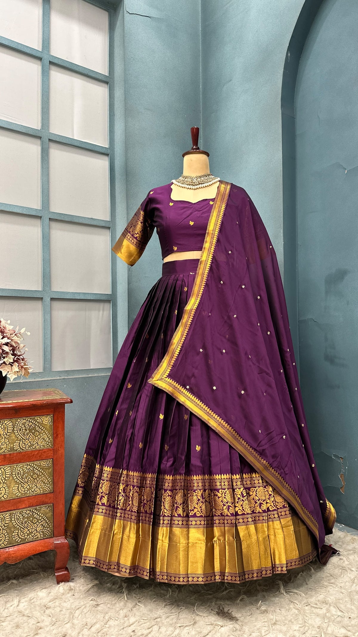 Kanchipattu  silk full stitched Lehenga blooming rangoli designer lehenga