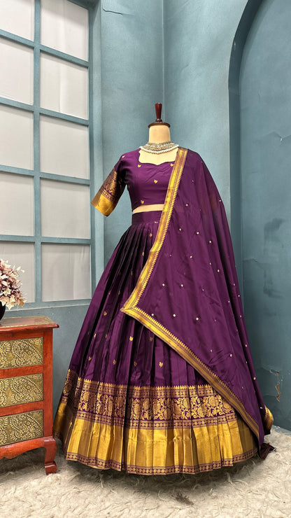 Kanchipattu  silk full stitched Lehenga blooming rangoli designer lehenga