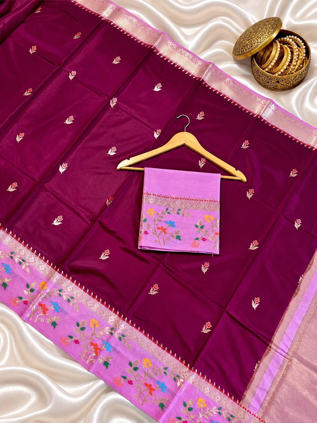 Budget Banarasi Katan Silk Saree with Contrast Alfi Border