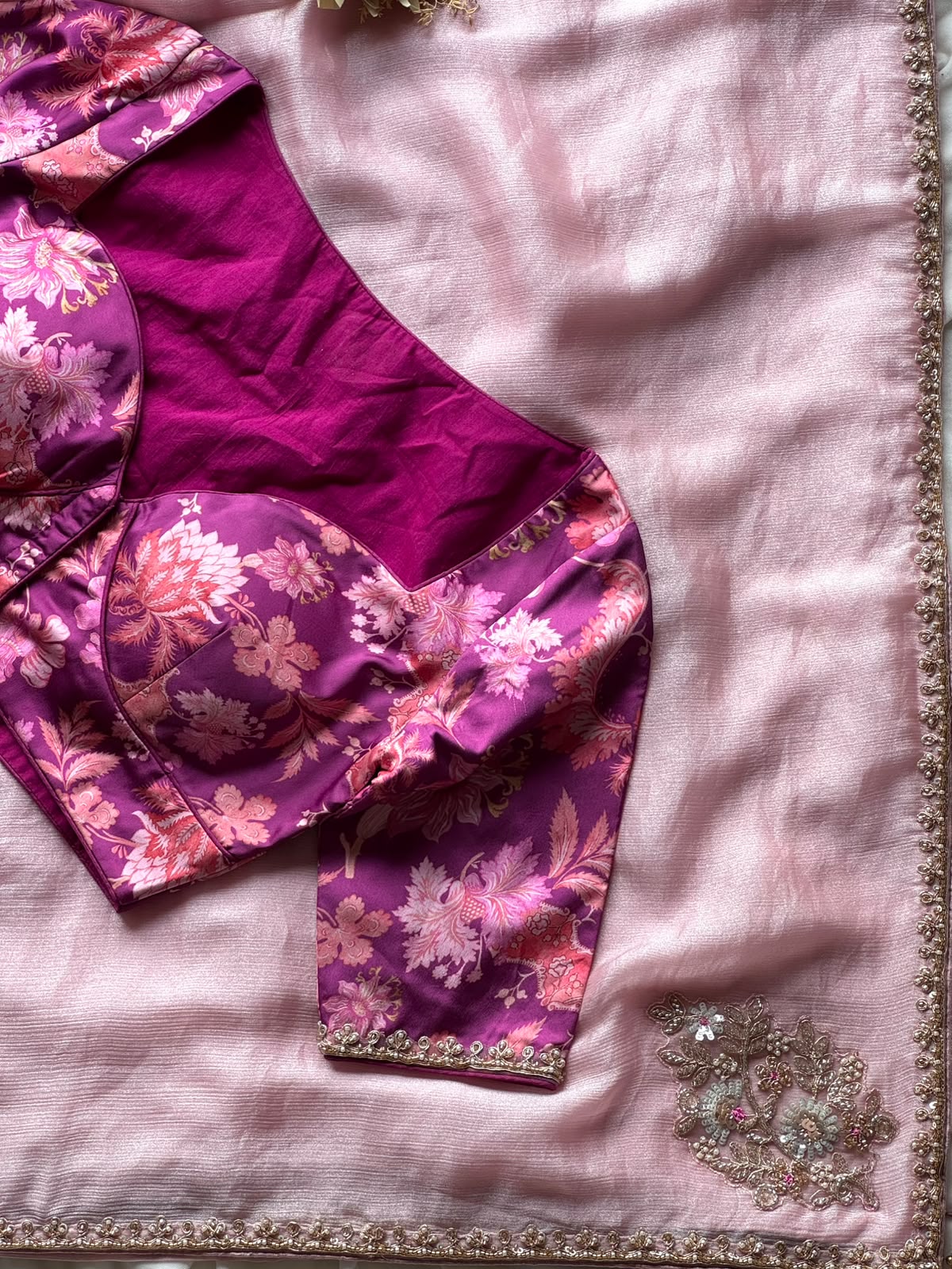 Chiffon silk saree with coding work stitched blouse