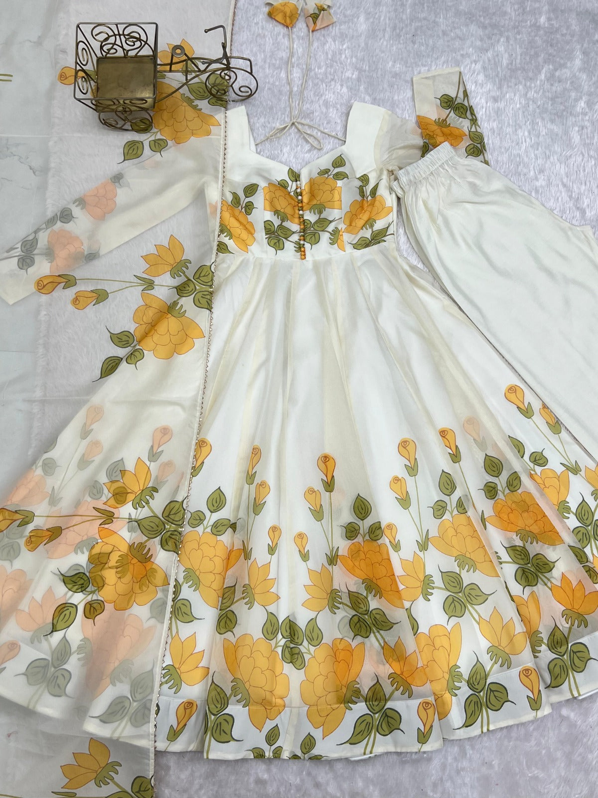 Classic Yellow Floral Printed Organza Anarkali sets