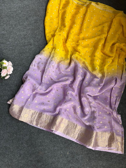 2d shade vintage Chinnon saree with Bandhani  style