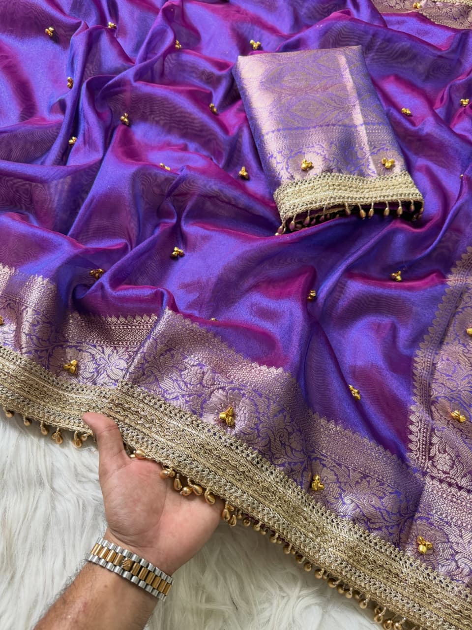Banarasi Tissue Zari Weaving Border Saree  ghungroo work