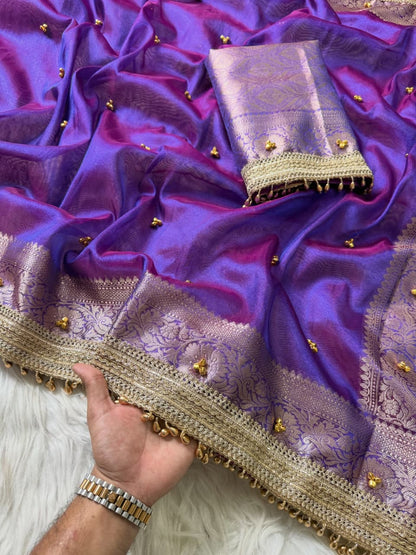 Banarasi Tissue Zari Weaving Border Saree  ghungroo work