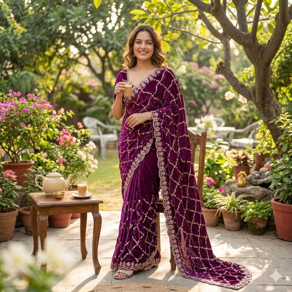 Luxe grand party beeds work velvet shine saree