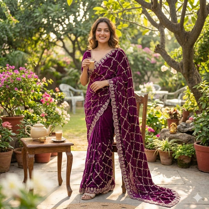 Luxe grand party beeds work velvet shine saree