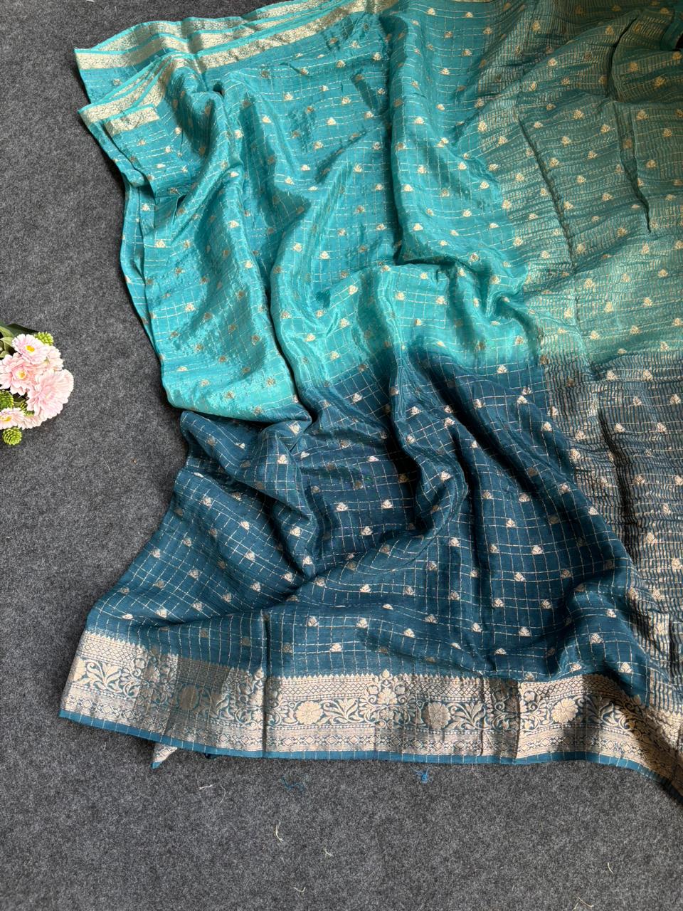 2d shade vintage Chinnon saree with Bandhani  style