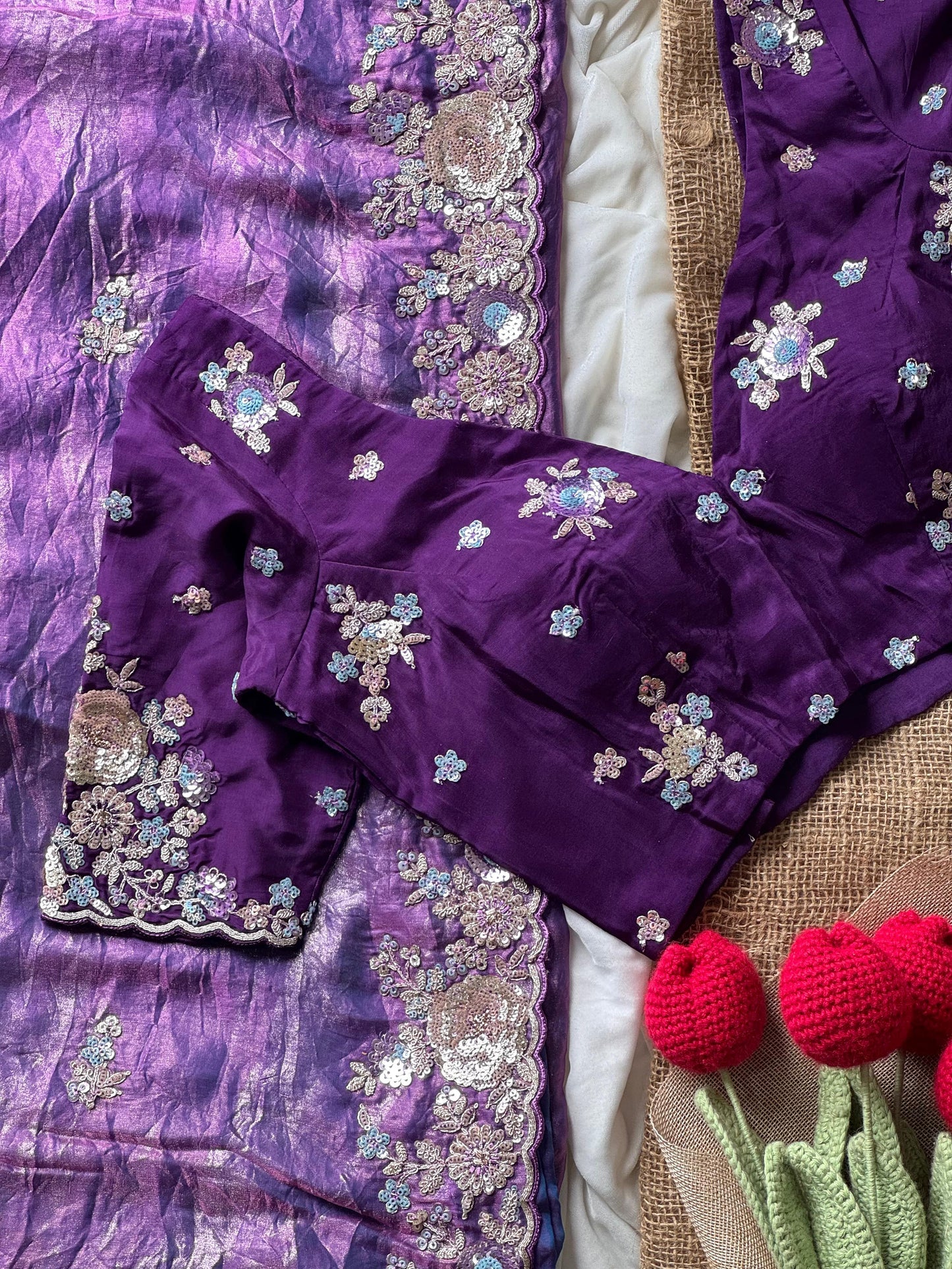 Pure space silk saree with pure  Luxe coding work saree stitched blouse