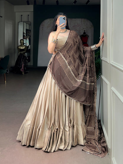 Moonga Silk Fabric with a Beautiful Printed Satin Dupatta Designer lehenga