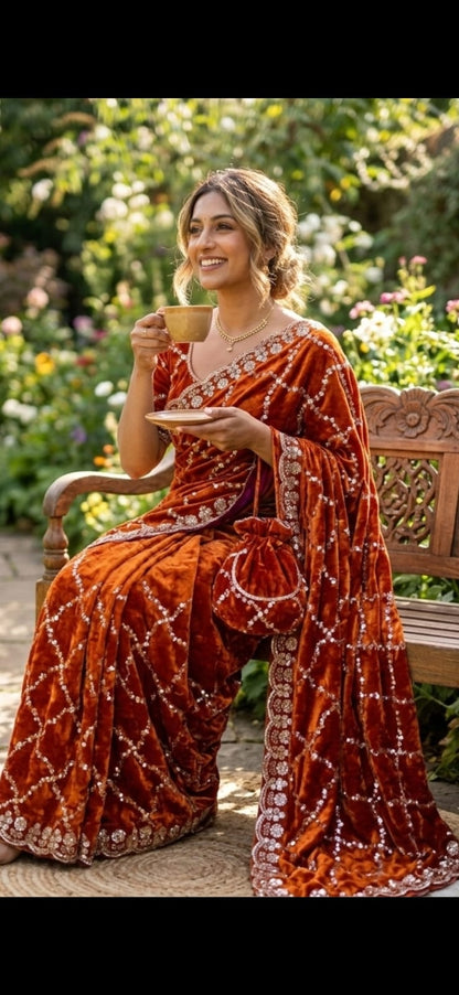 Luxe grand party beeds work velvet shine saree