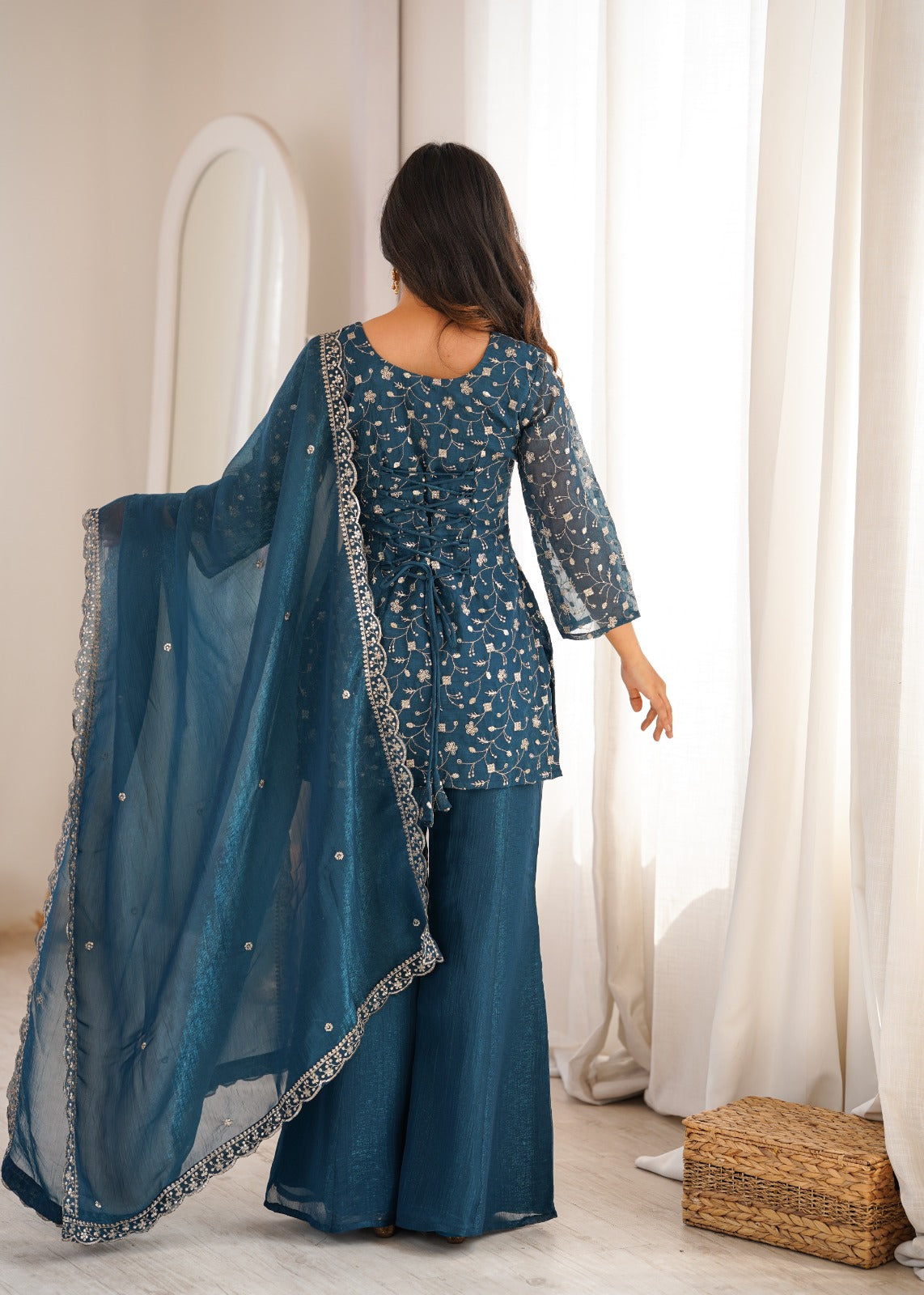 Crunchy Silk Fabric With Embroidery Sequence kurti sets model