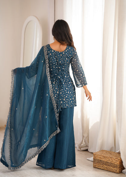 Crunchy Silk Fabric With Embroidery Sequence kurti sets model