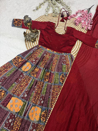 Vichitra silk with muslin handwork cafe gowns