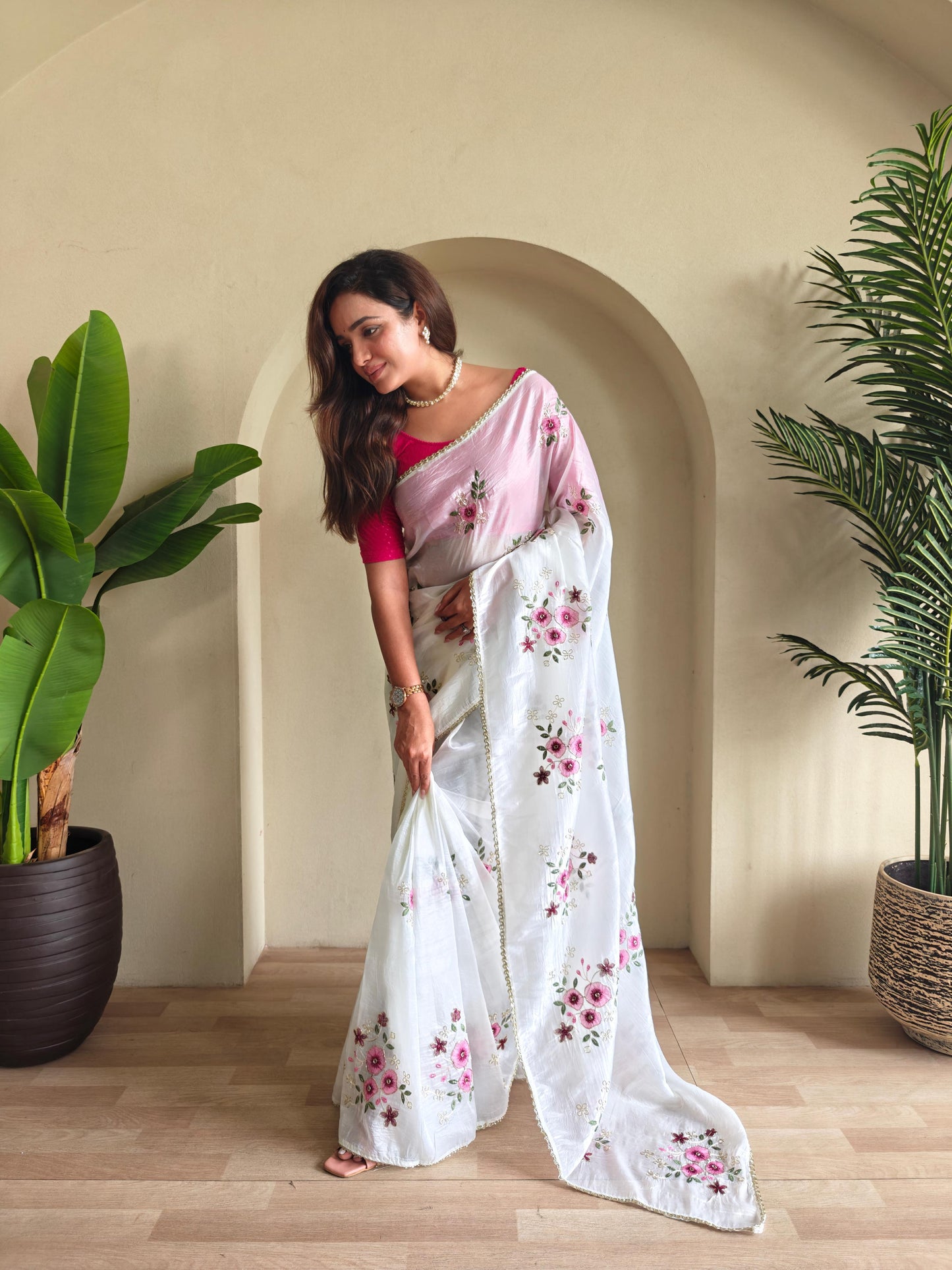 Crushed saree embroidery handwork with stitched blouse