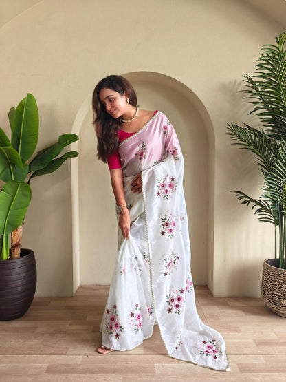 Crushed saree embroidery handwork with stitched blouse